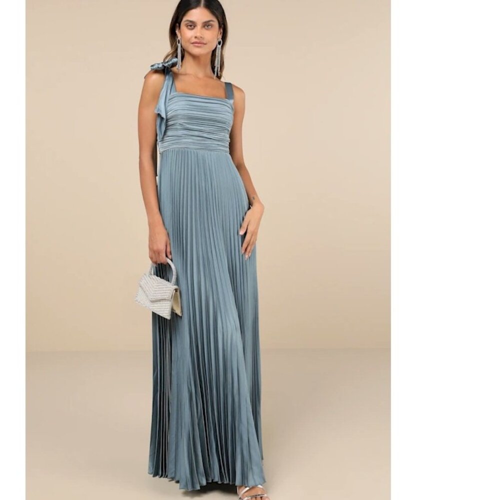 Lulu's Gorgeous Purpose Slate Satin Pleated Sleeveless Bow Maxi Dress